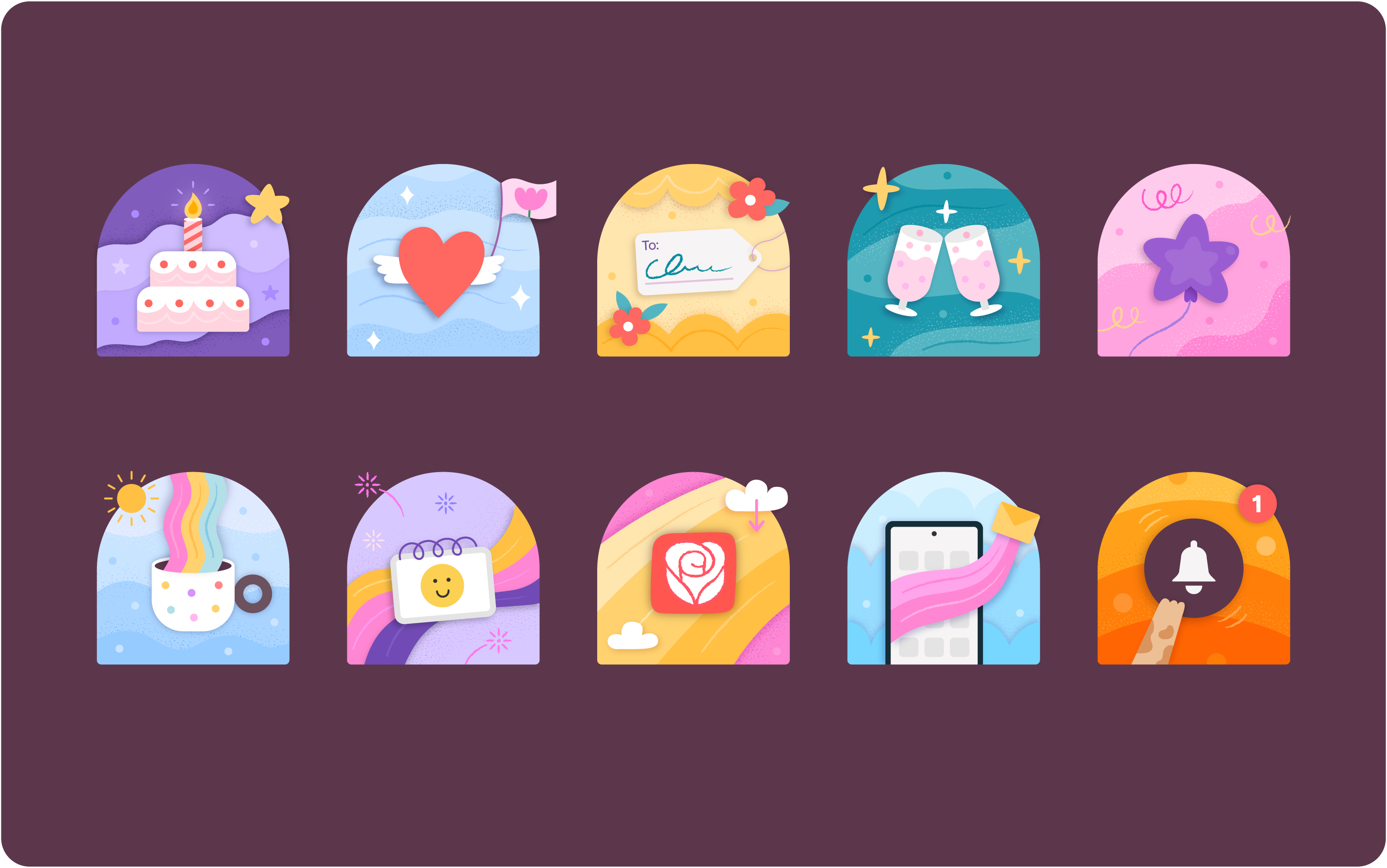 Badges on plum background